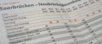 Ausschnitt eines Fahrplans für Saarbrücken und Neubrücke mit einer Tabelle von Fahrzeiten.